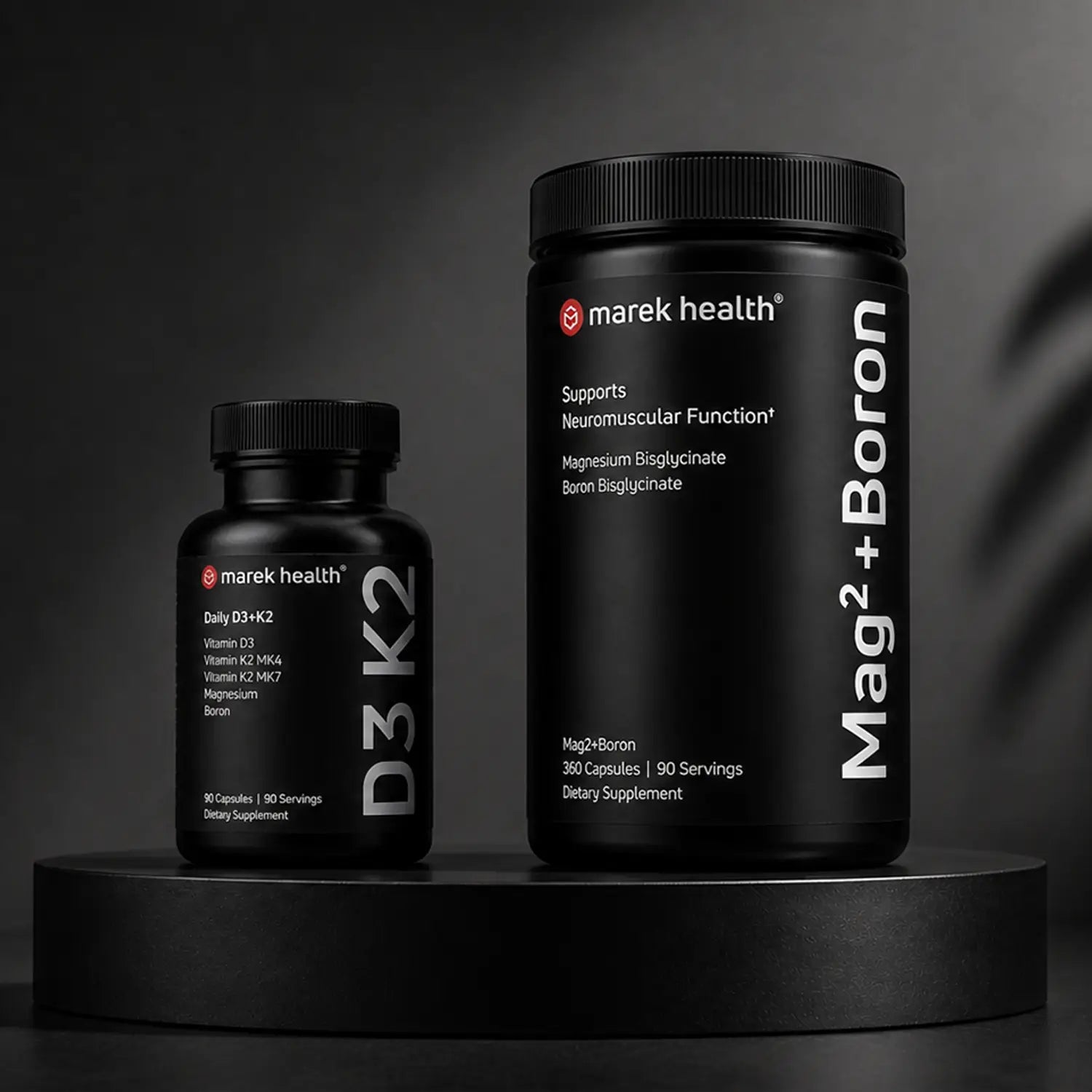Marek Supplements Heart & Cardio collection — Daily D3/K2 and Mag² + Boron bottles for cardiovascular support