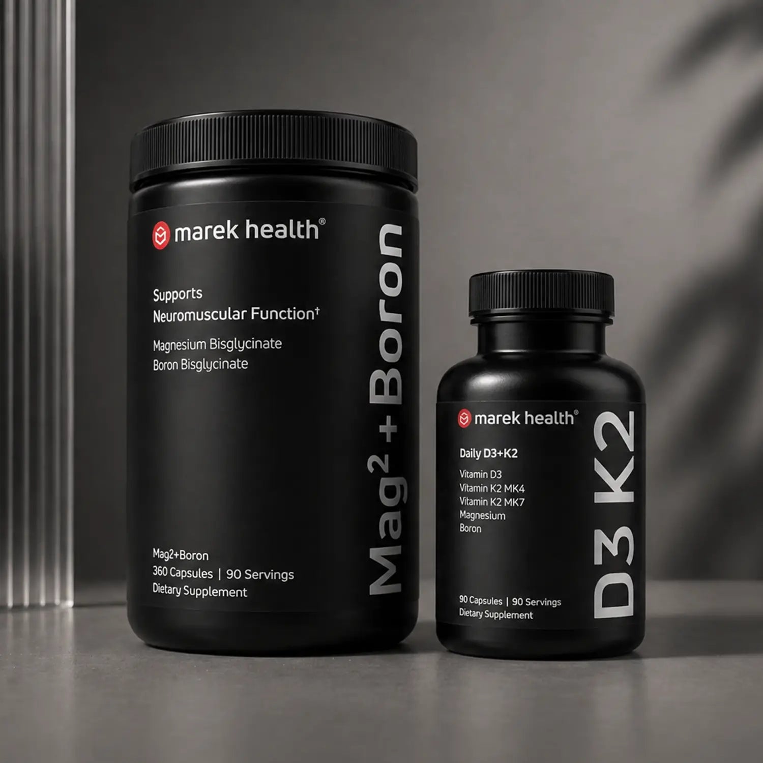 Marek Supplements Daily Essentials collection — Mag² + Boron and Daily D3/K2 bottles for foundational daily support