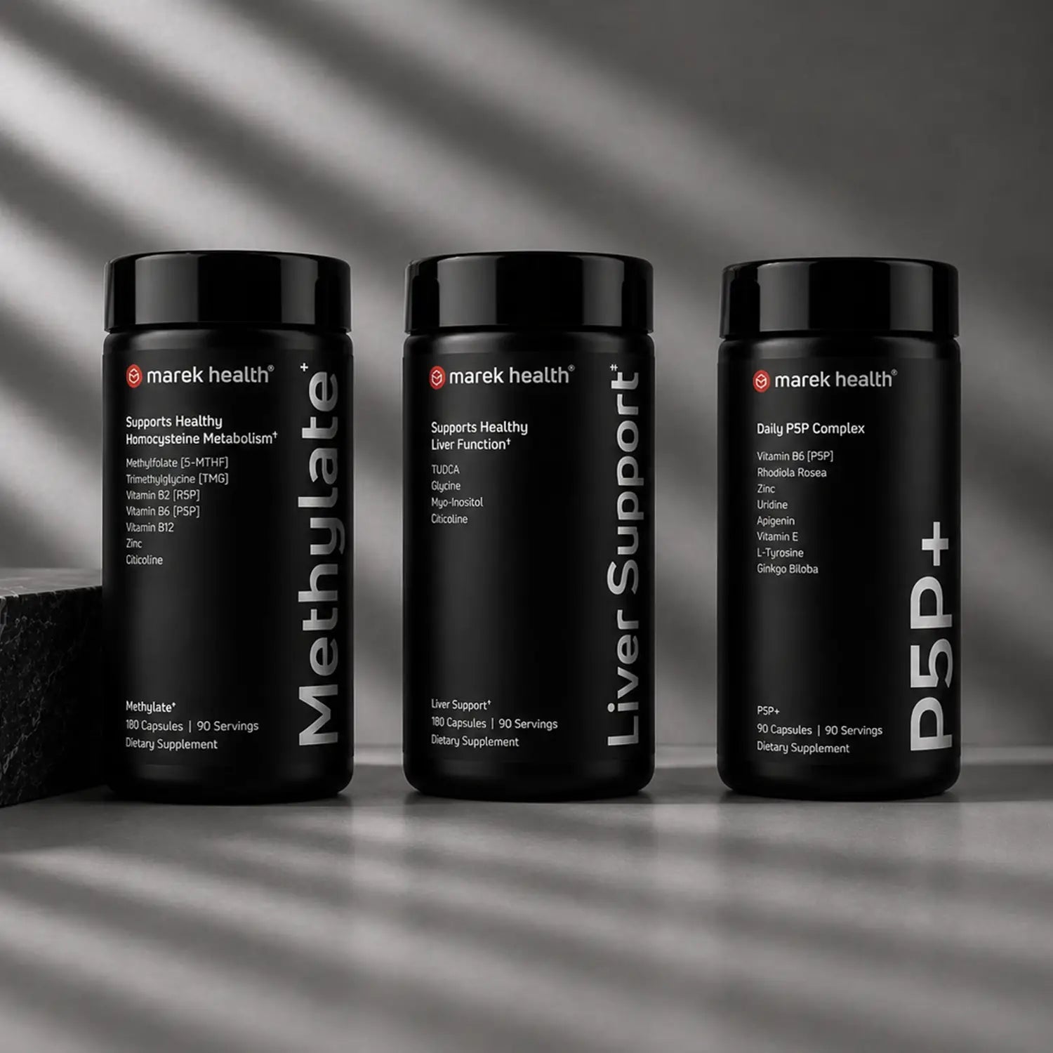 Marek Supplements Methylation & Detox collection — Methylate, Liver Support, and P5P+ bottles