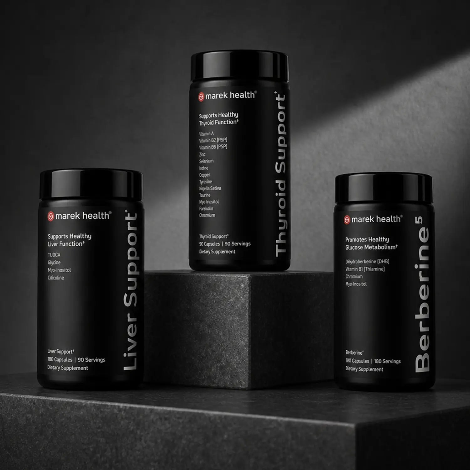 Marek Supplements Metabolic Health collection — Liver Support, Thyroid Support, and Berberine⁵ bottles