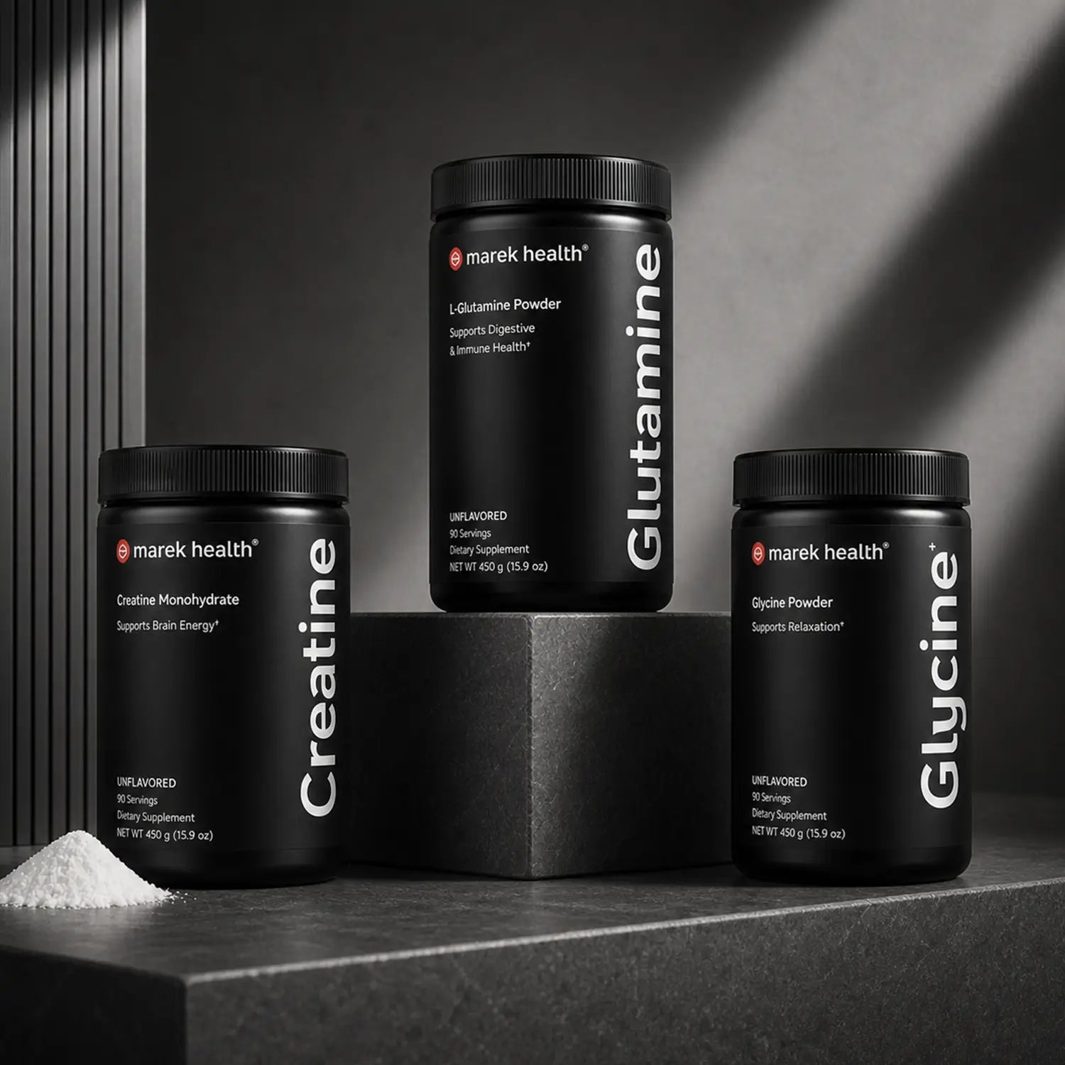 Marek Supplements Performance & Recovery collection — Creatine, L-Glutamine, and Glycine powder jars
