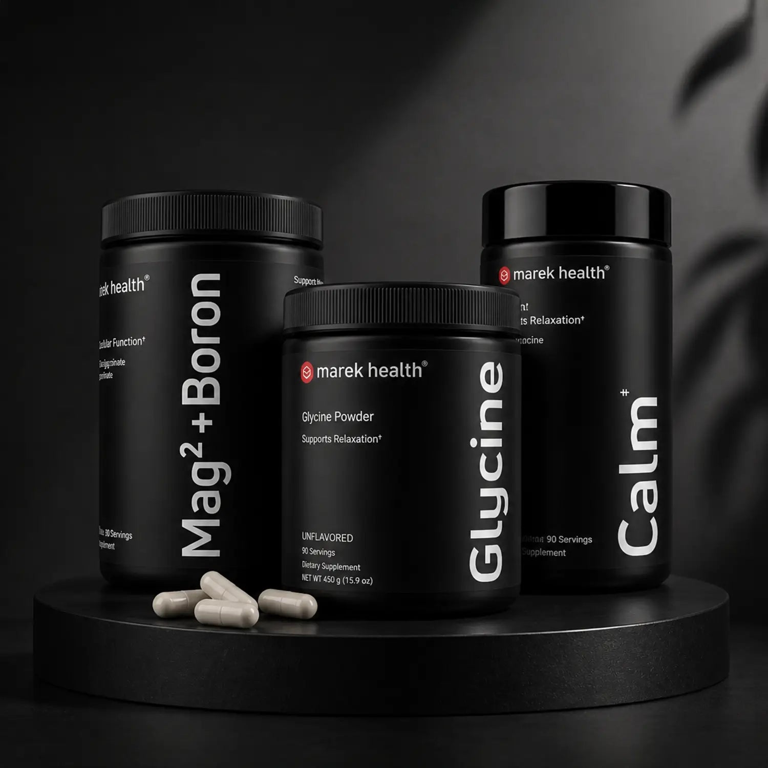 Marek Supplements Calm & Sleep collection — Mag² + Boron, Glycine, and Calm for relaxation and sleep support