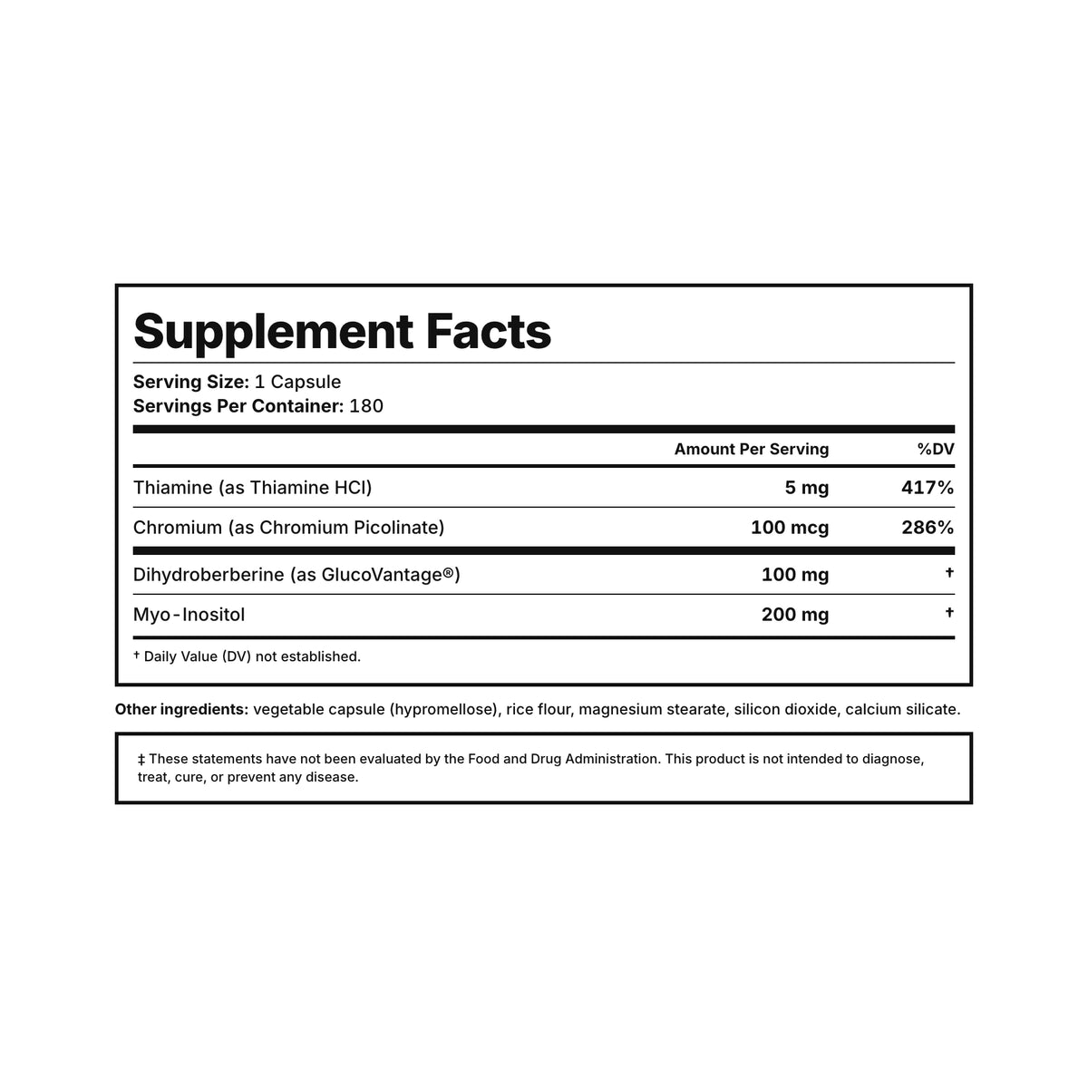 Berberine⁵ Supplement Facts — 100 mg dihydroberberine (GlucoVantage), thiamine, chromium, and myo-inositol, third-party tested