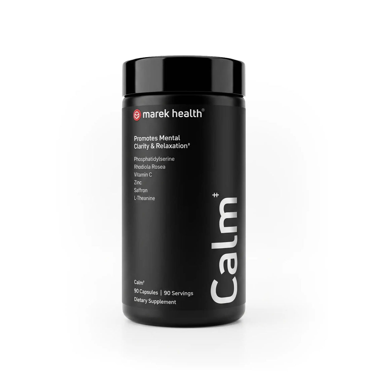 Marek Supplements Calm — black 90-capsule bottle with phosphatidylserine, rhodiola, vitamin C, zinc, saffron, and L-theanine