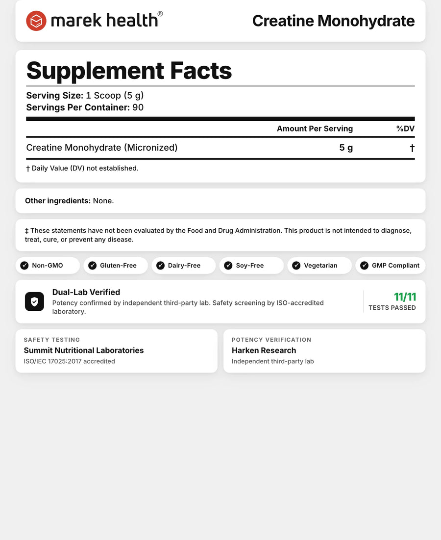 Creatine Supplement Facts panel: 5 g micronized creatine monohydrate per 1-scoop serving, 90 servings, no other ingredients