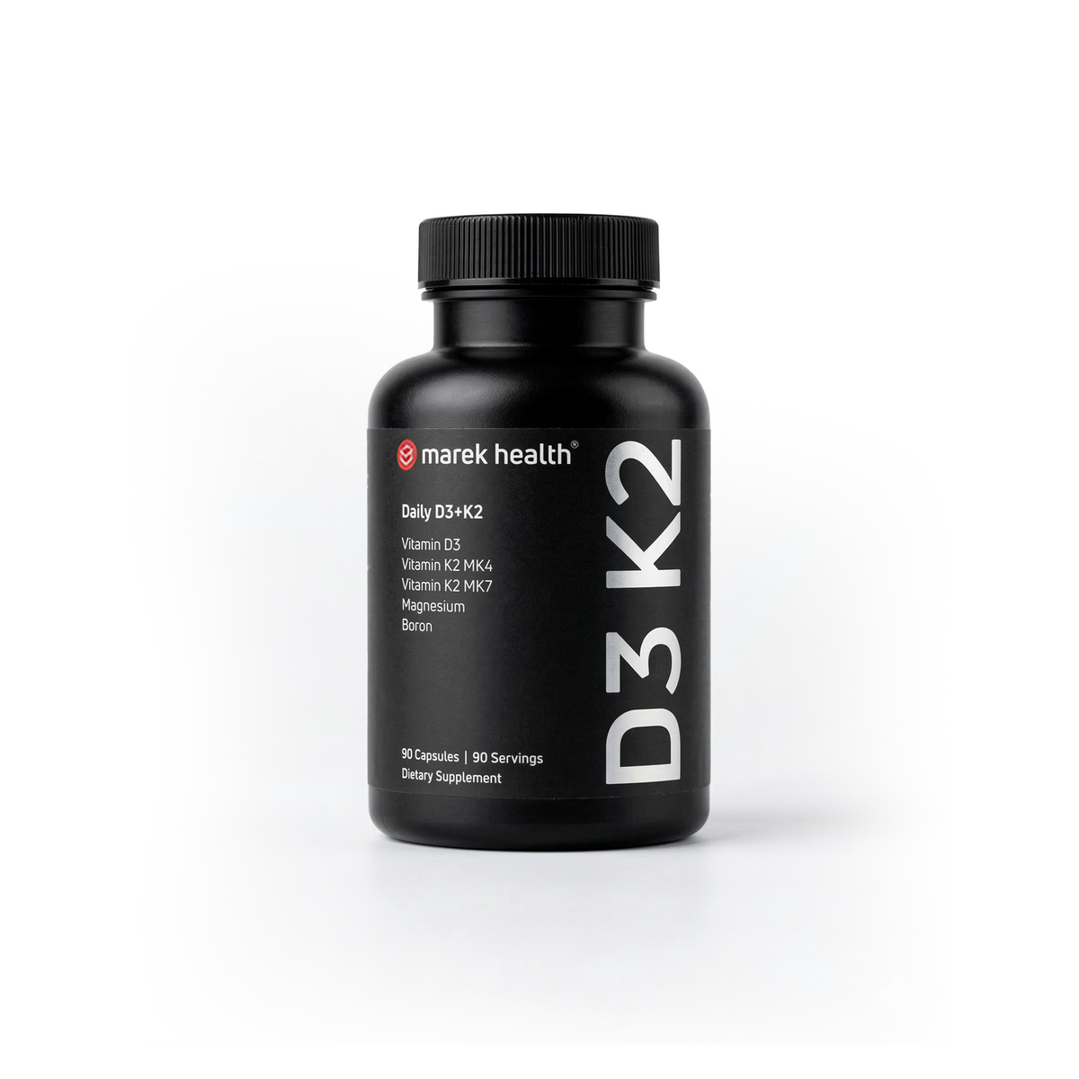 Marek Supplements Daily D3+K2 — black 90-capsule bottle with vitamin D3, K2 MK-4, K2 MK-7, magnesium, and boron