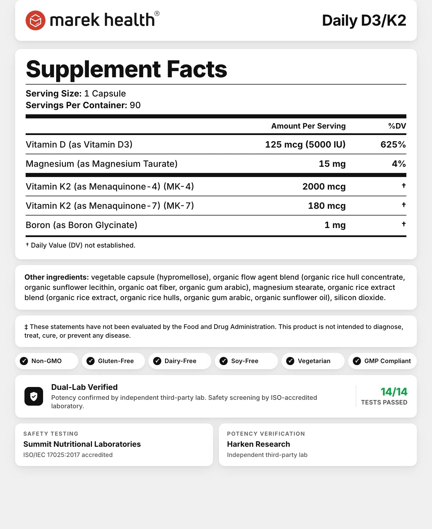 Daily D3/K2 Supplement Facts panel showing 5,000 IU vitamin D3, K2 MK-4, K2 MK-7, magnesium, and boron per serving