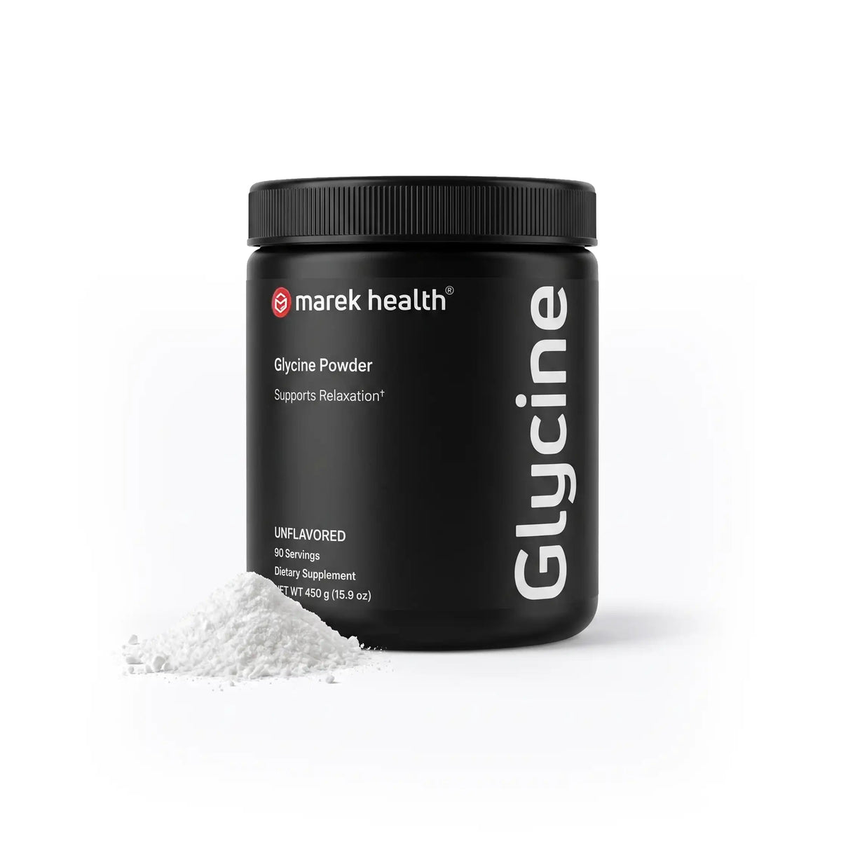 Marek Supplements Glycine Powder — black 450 g unflavored powder jar with glycine powder at the base