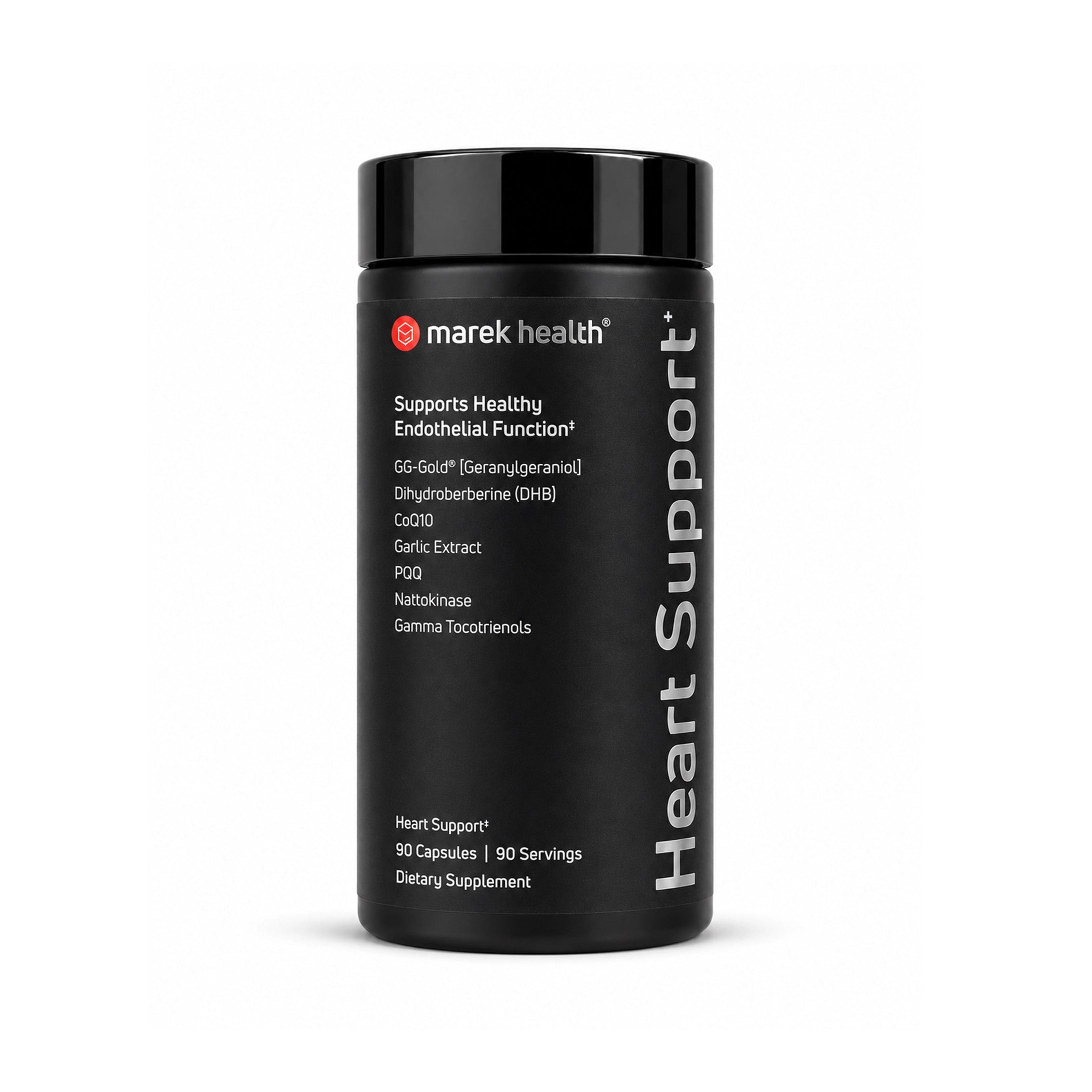 Marek Supplements Heart Support — black 90-capsule bottle with CoQ10, geranylgeraniol, nattokinase, and PQQ