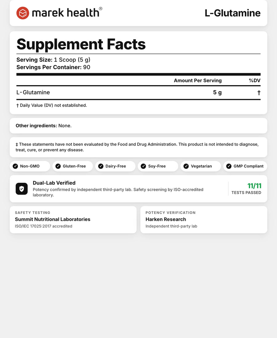 L-Glutamine Supplement Facts panel: 5 g L-glutamine per 1-scoop serving, 90 servings, third-party tested