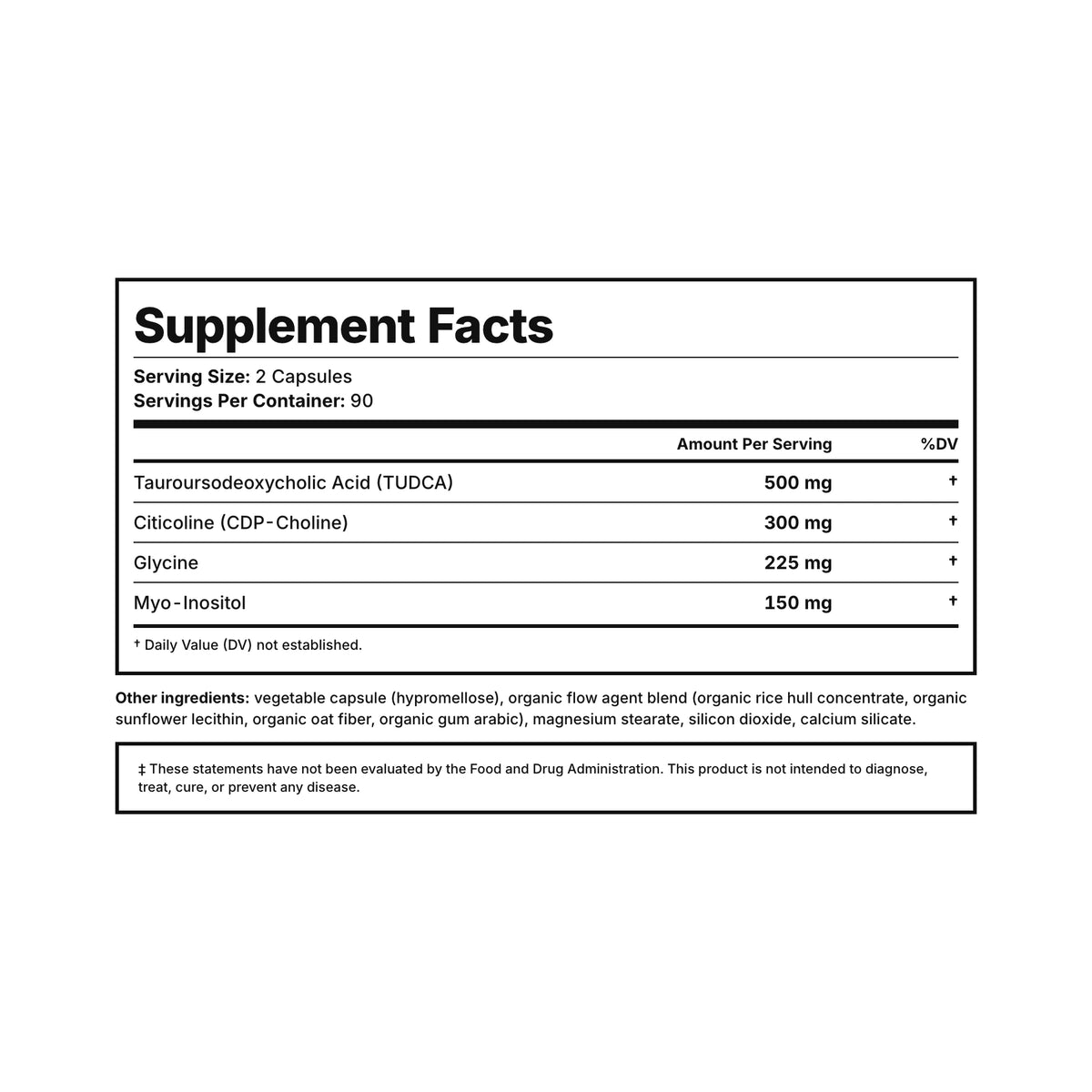 Liver Support Supplement Facts — 500 mg TUDCA, CDP-choline, glycine, and myo-inositol per serving, third-party tested