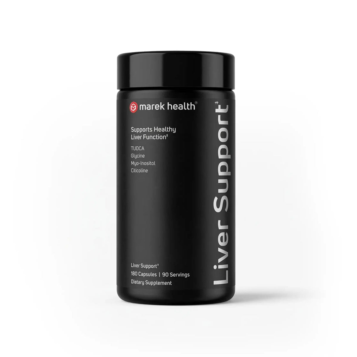 Marek Supplements Liver Support — black 180-capsule bottle with TUDCA, glycine, myo-inositol, and citicoline