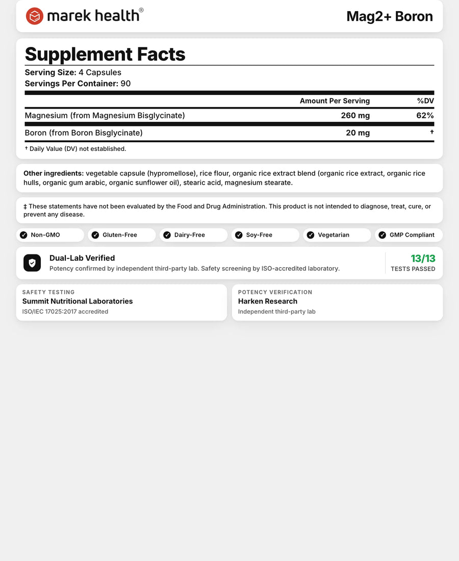 Mag² + Boron Supplement Facts panel: 260 mg magnesium bisglycinate and 20 mg boron per 4-capsule serving, third-party tested