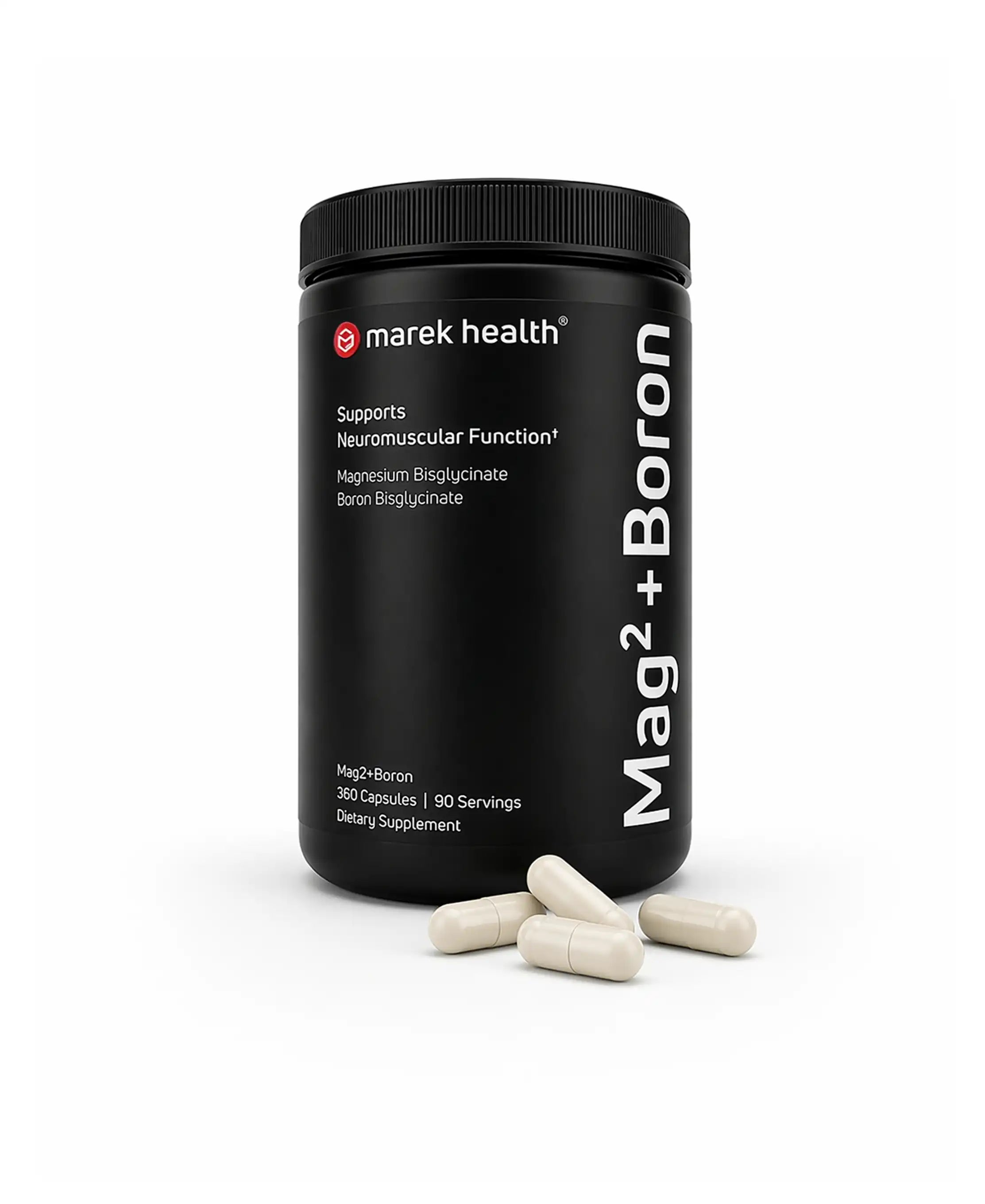 Marek Supplements Mag² + Boron — black 360-capsule jar with capsules at the base, magnesium bisglycinate and boron formula