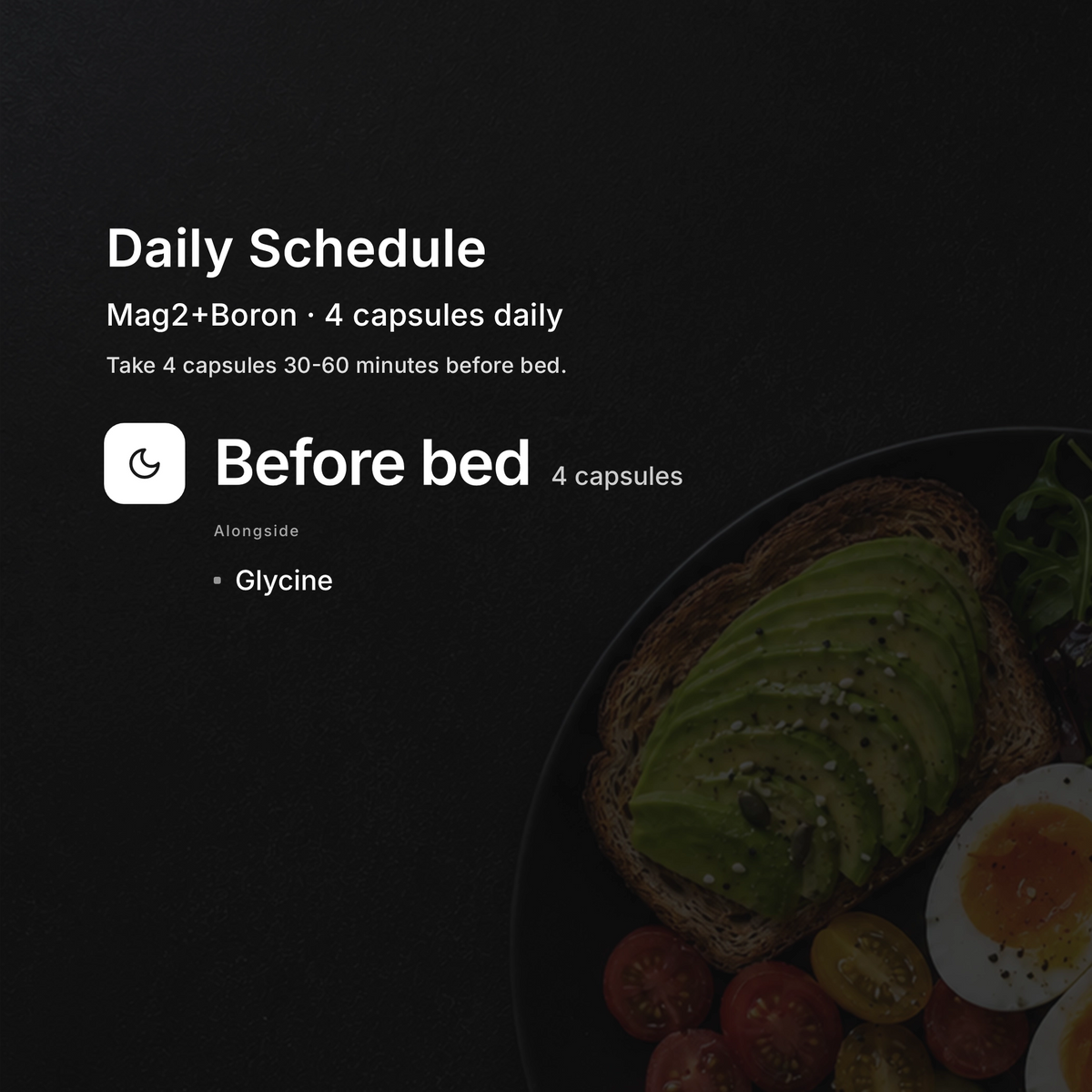 Mag² + Boron daily schedule — take 4 capsules before bed for magnesium and boron support