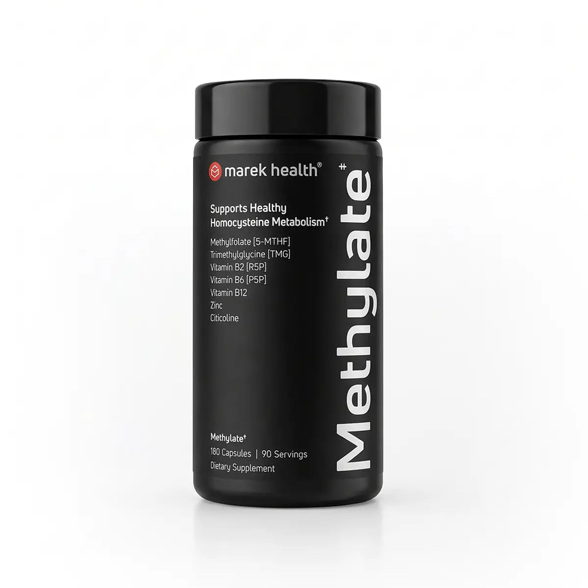 Marek Supplements Methylate — black 180-capsule bottle with methylfolate, TMG, B-vitamins, zinc, and citicoline label