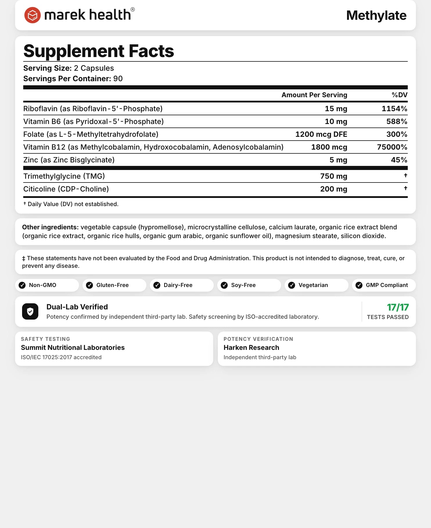 Methylate Supplement Facts panel listing methylfolate (5-MTHF), trimethylglycine, vitamin B2 (R5P), B6 (P5P), B12, zinc, and citicoline doses