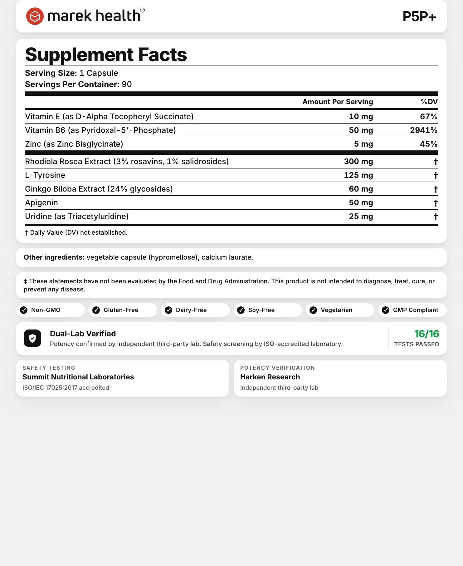 P5P+ Supplement Facts panel: active vitamin B6, rhodiola rosea, zinc, uridine, apigenin, vitamin E, L-tyrosine, and ginkgo per serving