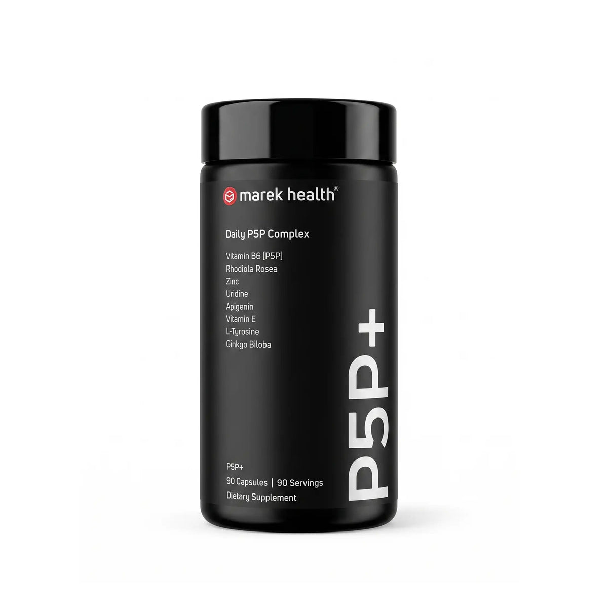 Marek Supplements P5P+ — black 90-capsule bottle with vitamin B6, rhodiola, zinc, uridine, apigenin, vitamin E, L-tyrosine, and ginkgo biloba