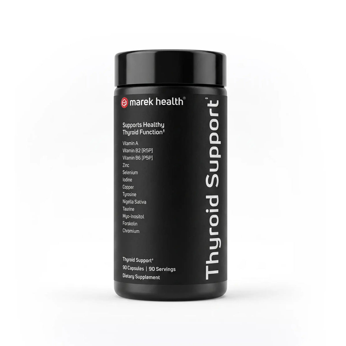 Marek Supplements Thyroid Support — black 90-capsule bottle listing iodine, selenium, vitamins, tyrosine, and adaptogens
