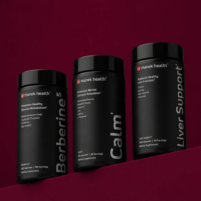 Marek Health Berberine, Calm, and Liver Support supplement bottles displayed on dark red background