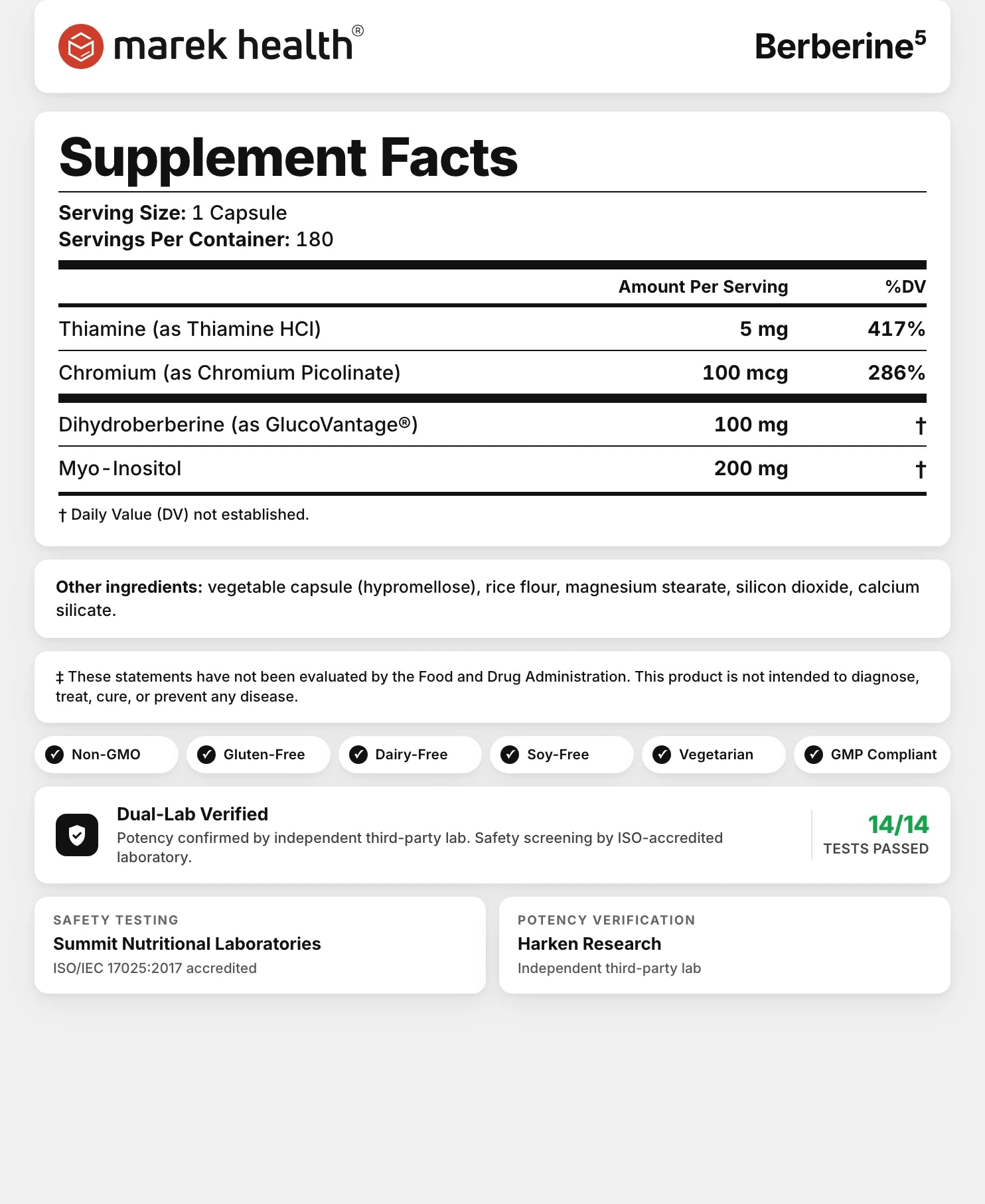Berberine⁵ Supplement Facts panel: dihydroberberine (DHB), vitamin B1 (thiamine), chromium, and myo-inositol per serving