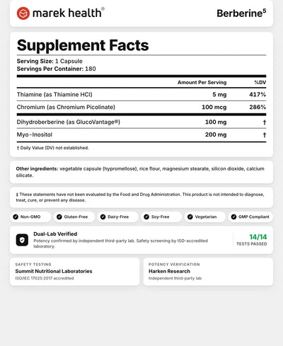 Berberine⁵ Supplement Facts panel: dihydroberberine (DHB), vitamin B1 (thiamine), chromium, and myo-inositol per serving