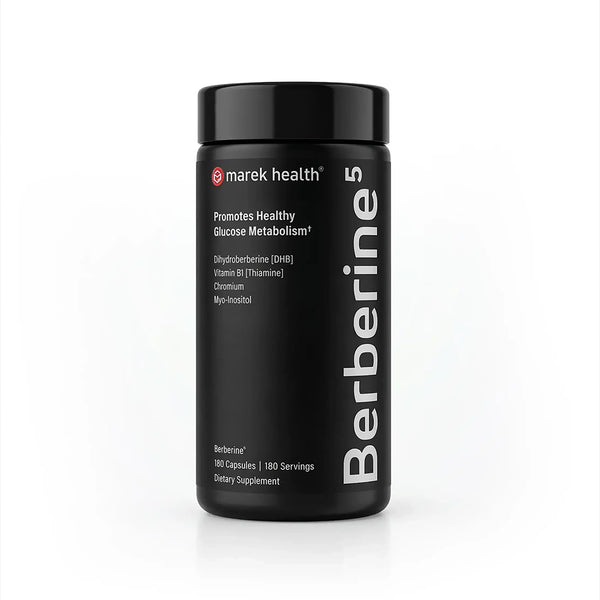Marek Supplements Berberine⁵ — black 180-capsule bottle with GlucoVantage dihydroberberine, thiamine, chromium, and myo-inositol
