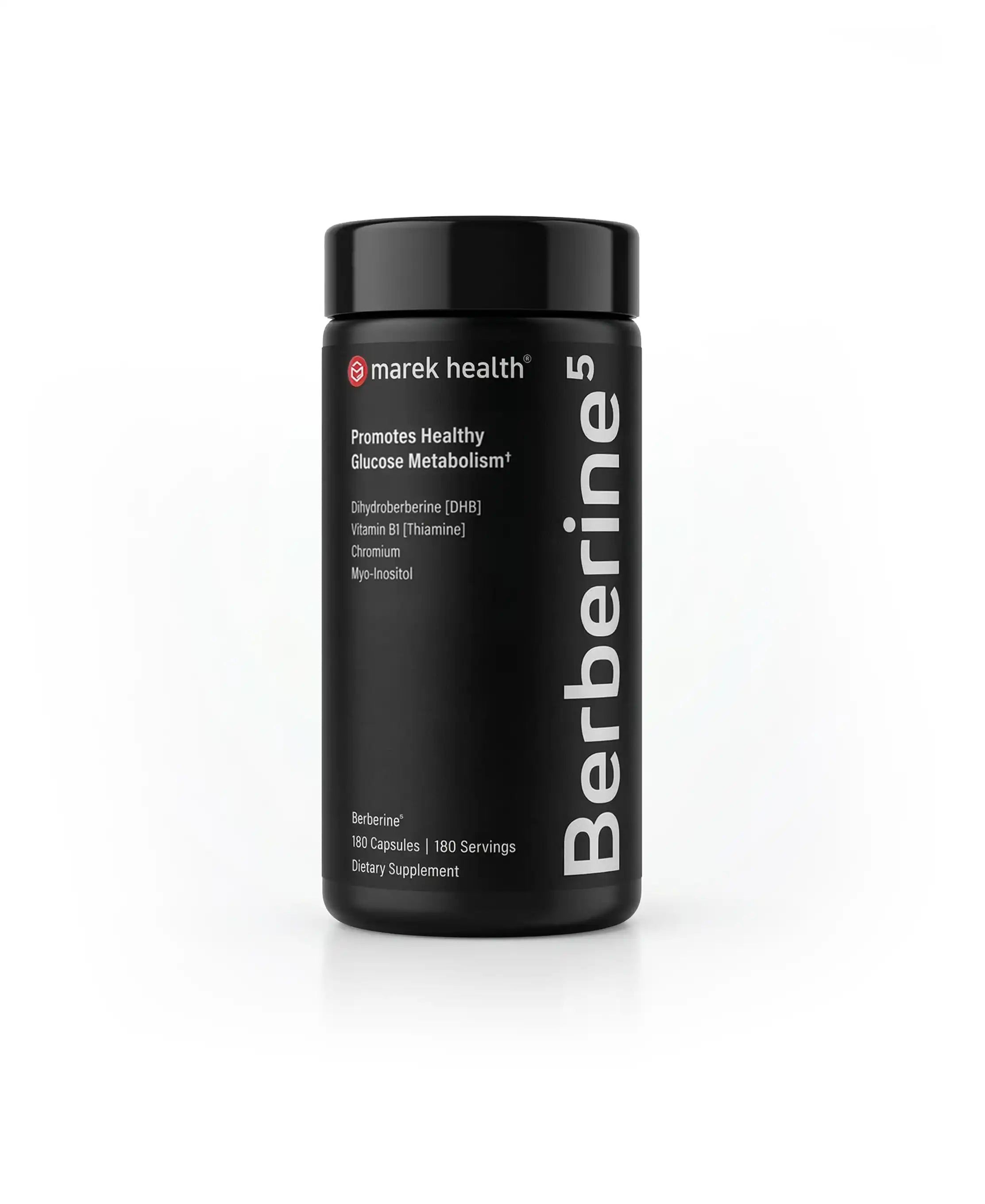 Marek Supplements Berberine⁵ — black 180-capsule bottle featuring dihydroberberine, vitamin B1, chromium, and myo-inositol