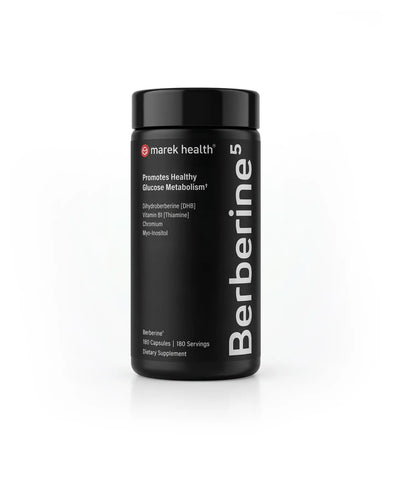 Marek Supplements Berberine⁵ — black 180-capsule bottle featuring dihydroberberine, vitamin B1, chromium, and myo-inositol