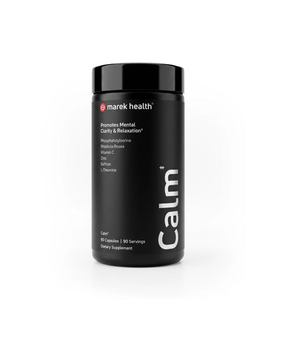 Marek Supplements Calm — black 90-capsule bottle with phosphatidylserine, rhodiola, vitamin C, zinc, saffron, and L-theanine