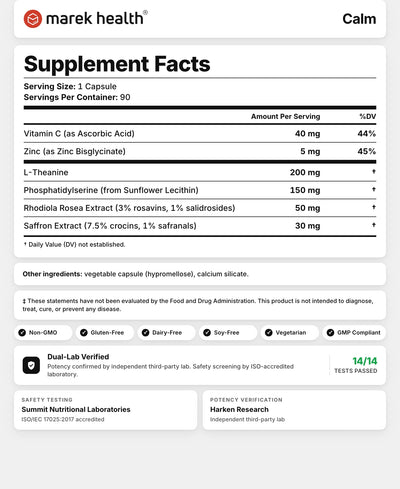 Calm Supplement Facts panel: vitamin C, zinc, L-theanine 200 mg, phosphatidylserine 150 mg, rhodiola rosea, and saffron extract per capsule