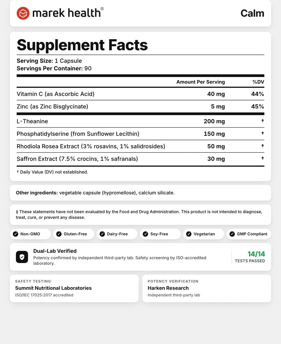 Calm Supplement Facts panel: vitamin C, zinc, L-theanine 200 mg, phosphatidylserine 150 mg, rhodiola rosea, and saffron extract per capsule