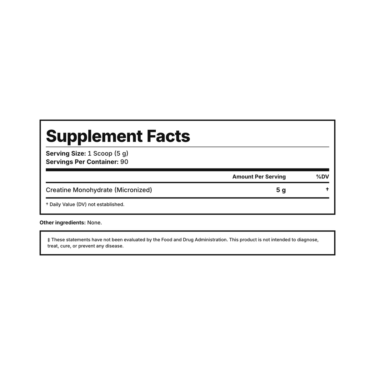 Creatine Monohydrate Supplement Facts — 5 g micronized creatine per scoop, 90 servings, third-party tested