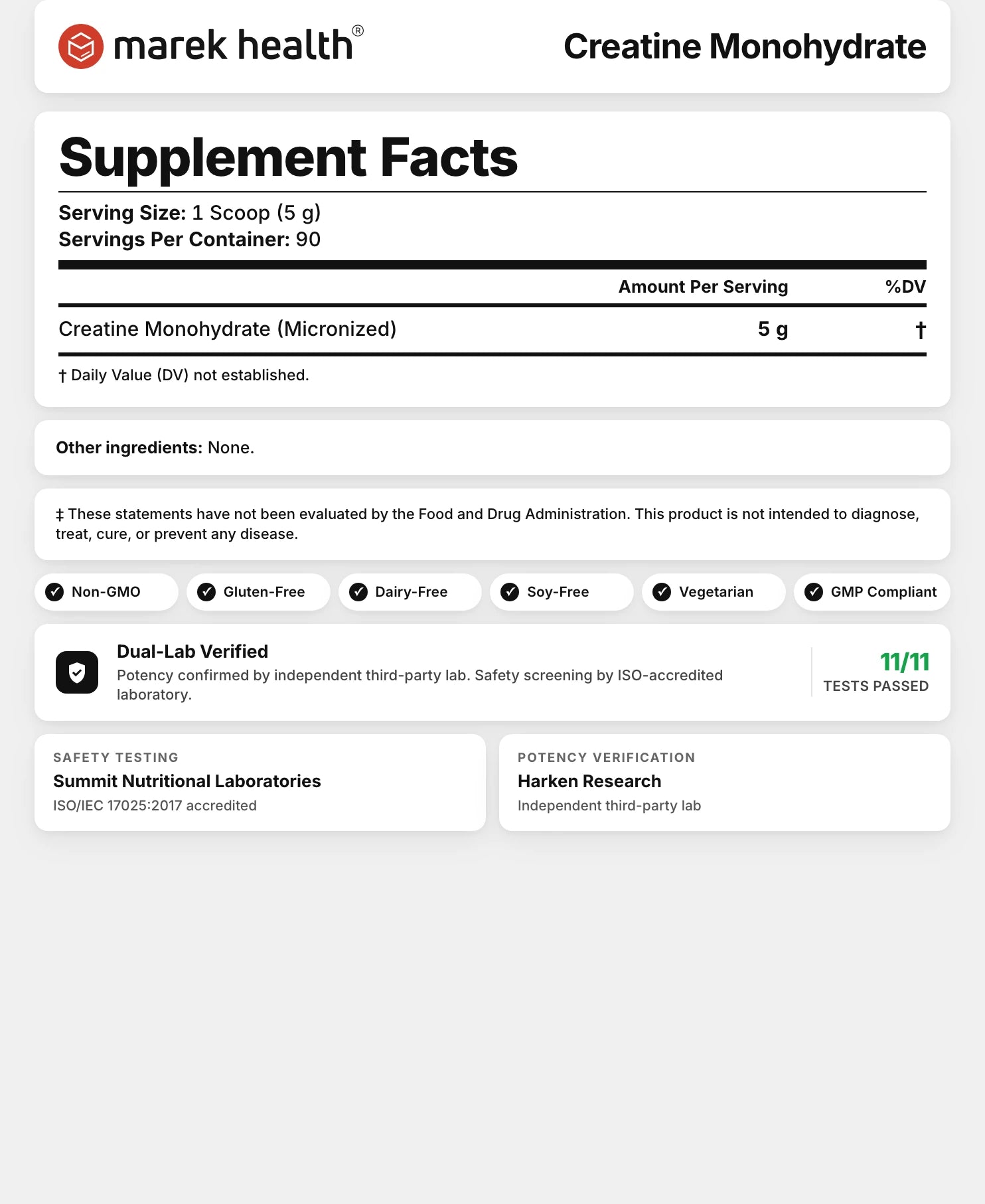 Creatine Supplement Facts panel: 5 g micronized creatine monohydrate per 1-scoop serving, 90 servings, no other ingredients