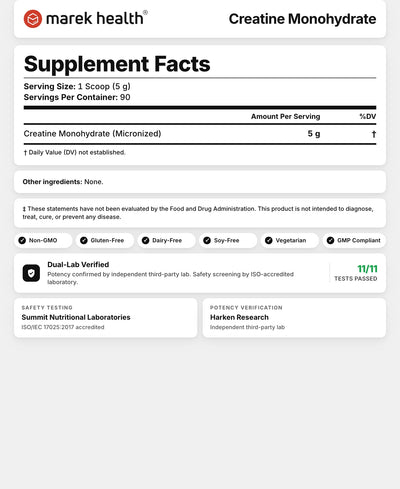 Creatine Supplement Facts panel: 5 g micronized creatine monohydrate per 1-scoop serving, 90 servings, no other ingredients