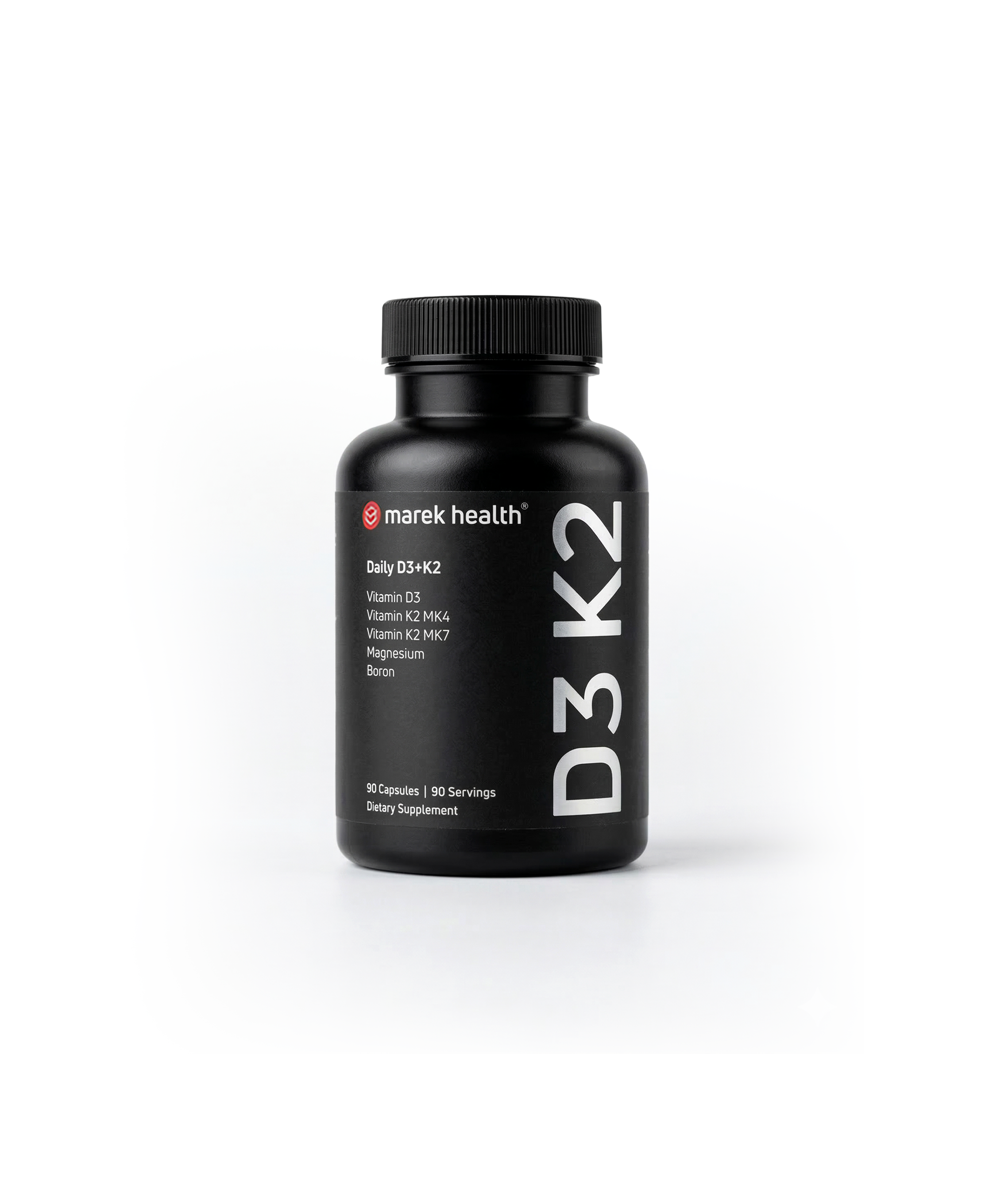 Marek Supplements Daily D3+K2 — black 90-capsule bottle with vitamin D3, K2 MK-4, K2 MK-7, magnesium, and boron