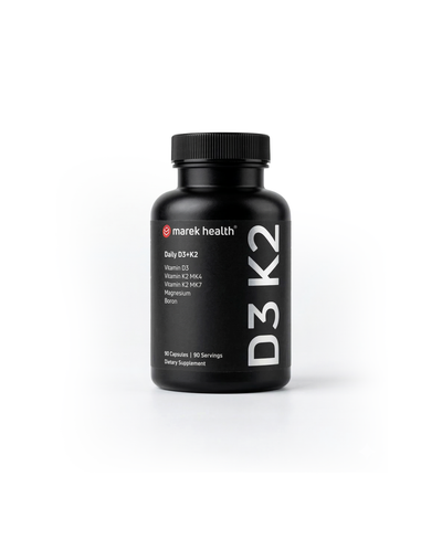 Marek Supplements Daily D3+K2 — black 90-capsule bottle with vitamin D3, K2 MK-4, K2 MK-7, magnesium, and boron