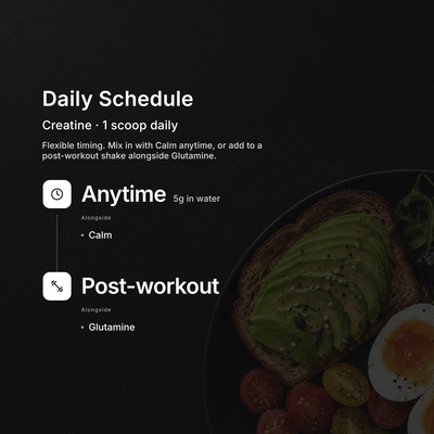 Creatine Monohydrate daily schedule — 1 scoop (5 g) daily for strength and recovery