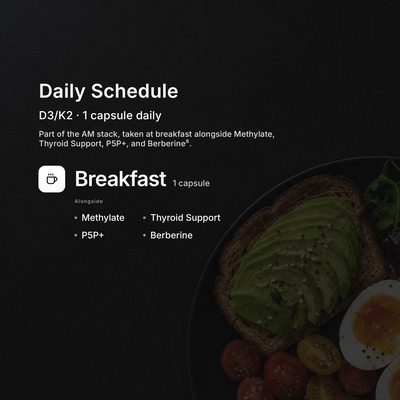 Daily D3/K2 daily schedule — take 1 capsule with breakfast for bone and heart support