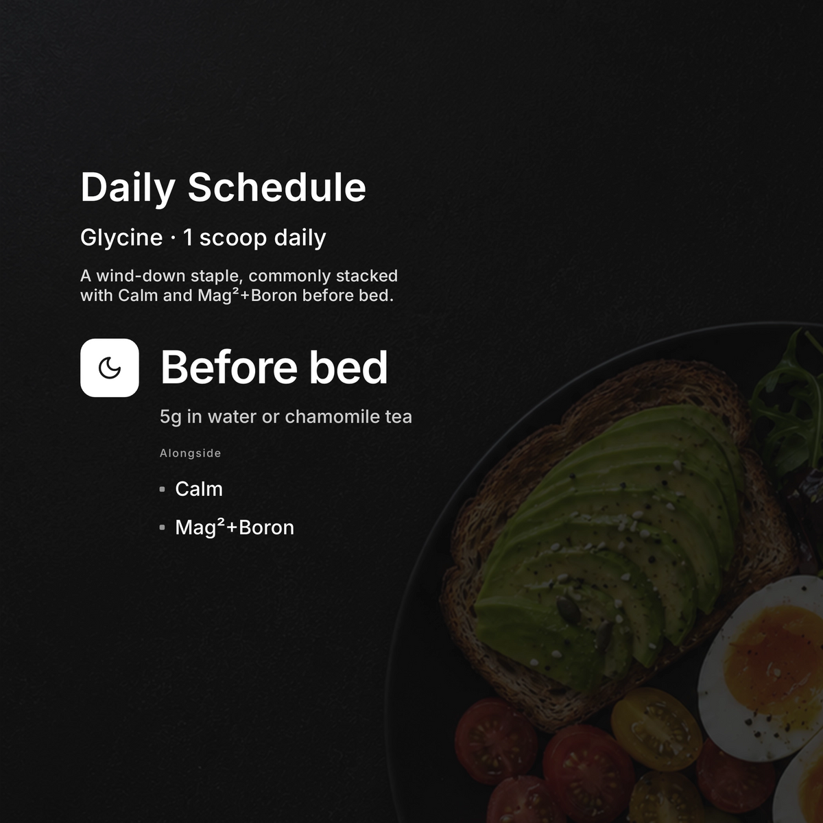 Glycine Powder daily schedule — 1 scoop (5 g) daily for relaxation and sleep support