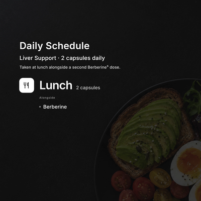 Liver Support daily schedule — take 2 capsules daily with food for liver support