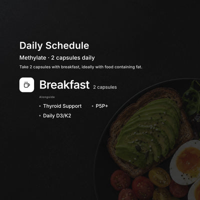 Methylate daily schedule — take 2 capsules daily for methylation support