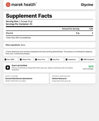 Glycine Supplement Facts panel: 5 g pure glycine per 1-scoop serving, 90 servings, third-party tested