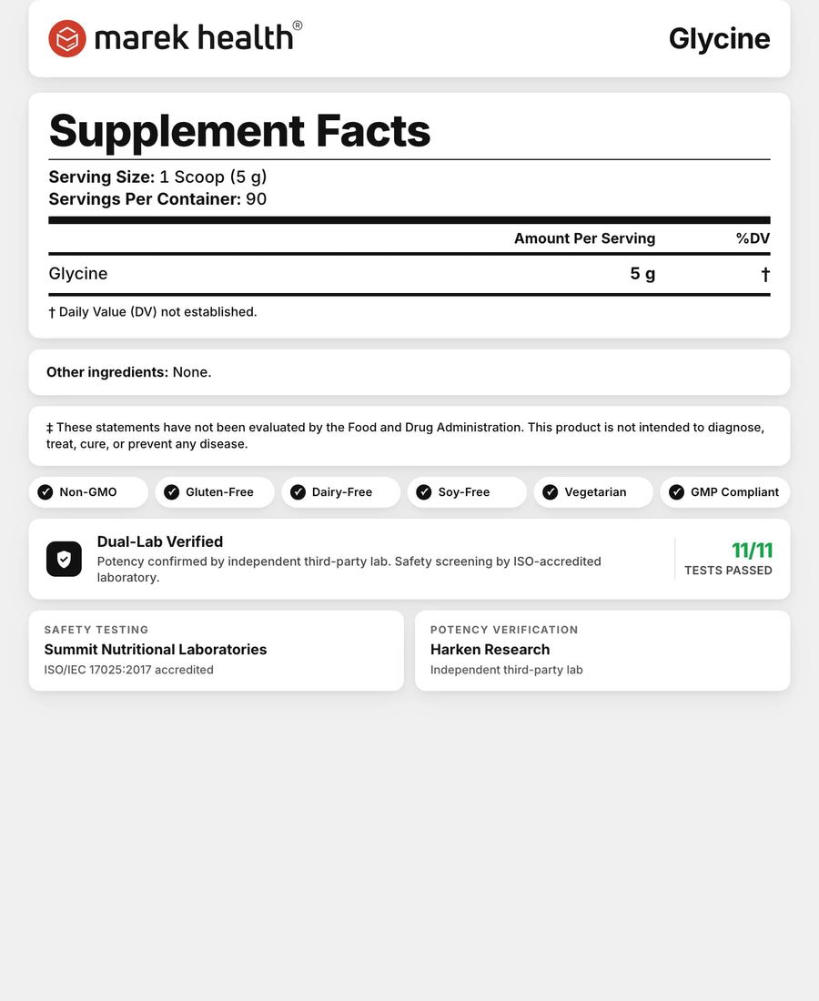 Glycine Supplement Facts panel: 5 g pure glycine per 1-scoop serving, 90 servings, third-party tested