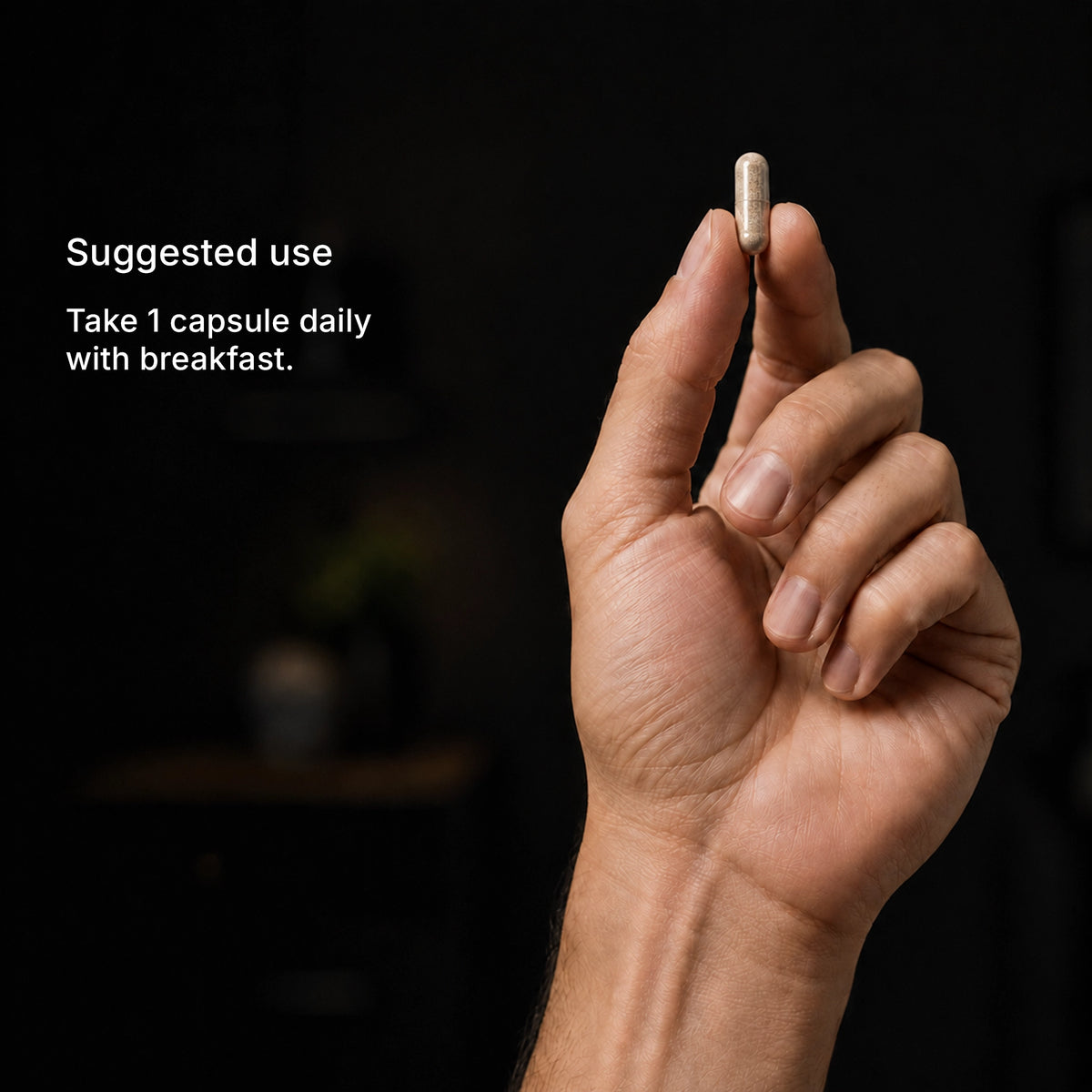 How to take Thyroid Support — 1 capsule daily with breakfast, capsules shown in hand