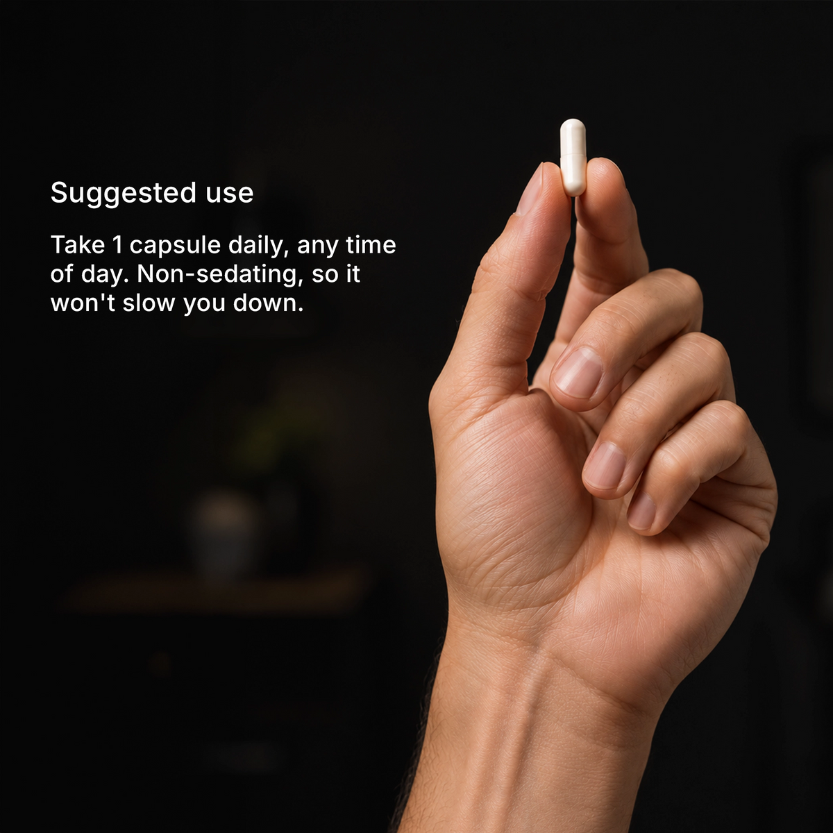 How to take Calm — 1 capsule daily, morning or night, capsules shown in hand
