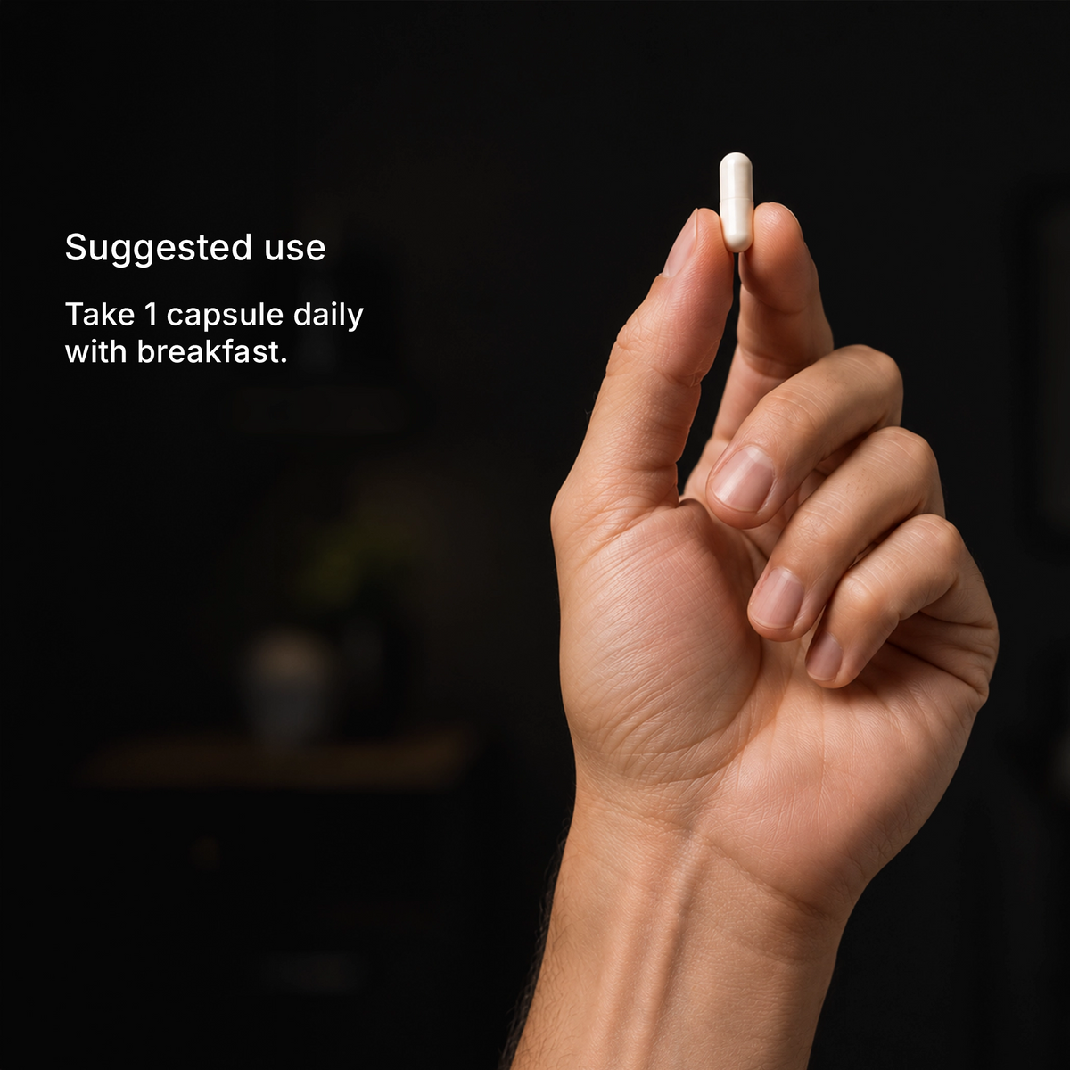 How to take Daily D3/K2 — 1 capsule daily with breakfast, capsules shown in hand