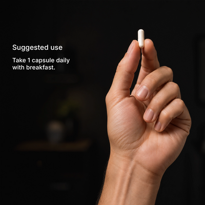 How to take Daily D3/K2 — 1 capsule daily with breakfast, capsules shown in hand