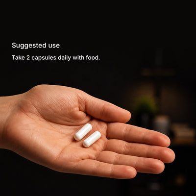 How to take Liver Support — 2 capsules daily with food, capsules shown in hand
